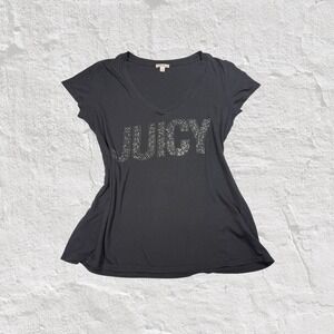 Juicy Couture Black V Neck Rhinestone Embellished T Shirt Size XL
